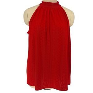 Cato Halter Top Red Pointelle Smocked High Neck‎ Keyhole Blouse 26/28W